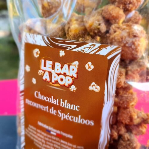 Pop-corn Enrobé de chocolat Blanc recouvert de Spéculoos – 100g